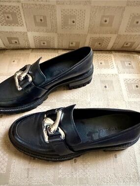Black Leather Slip-On Loafers with Silver Chain Accent